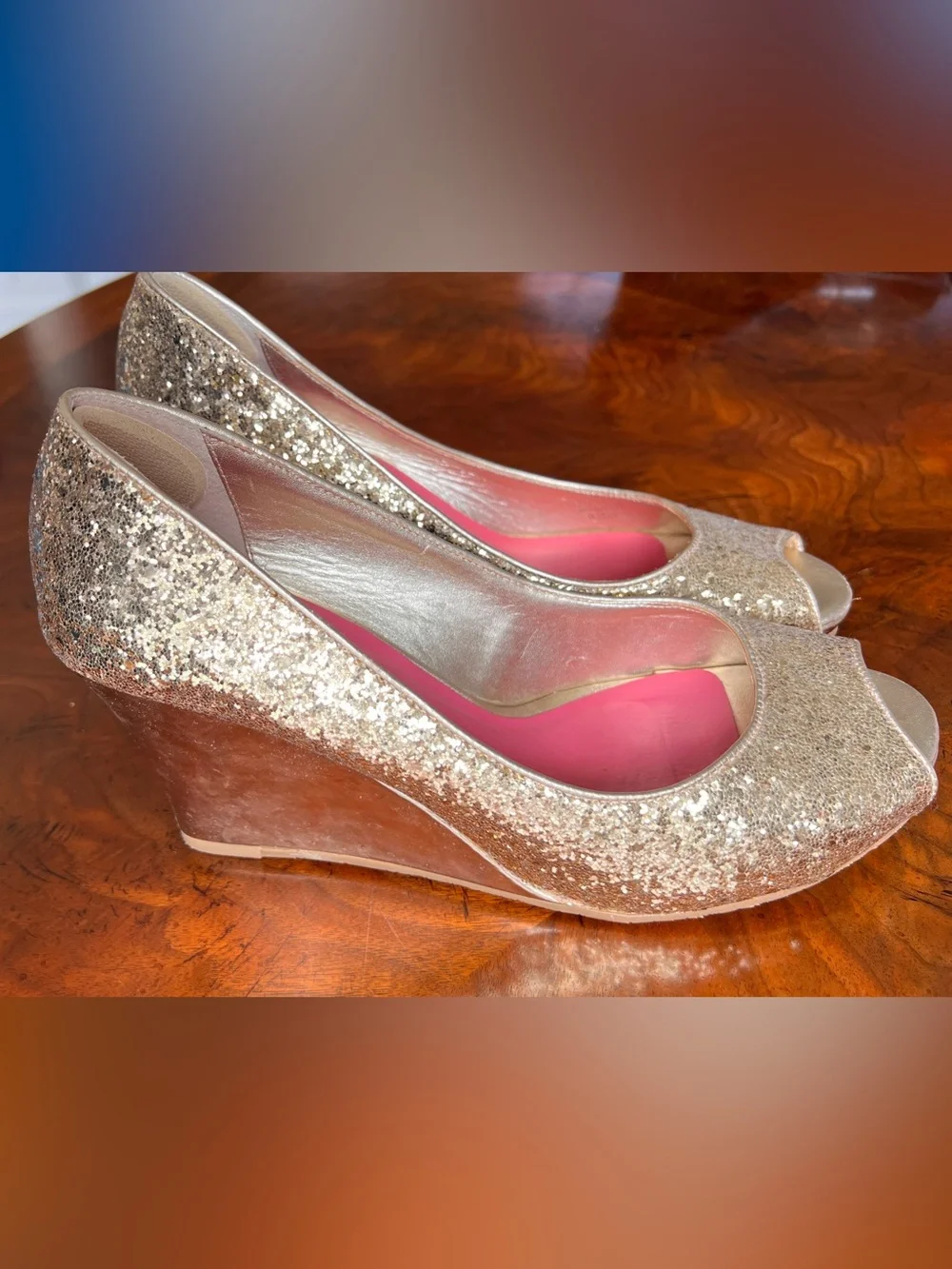 Lilly Pulitzer Gold Glitter Peep-Toe Wedges with Pink Insole